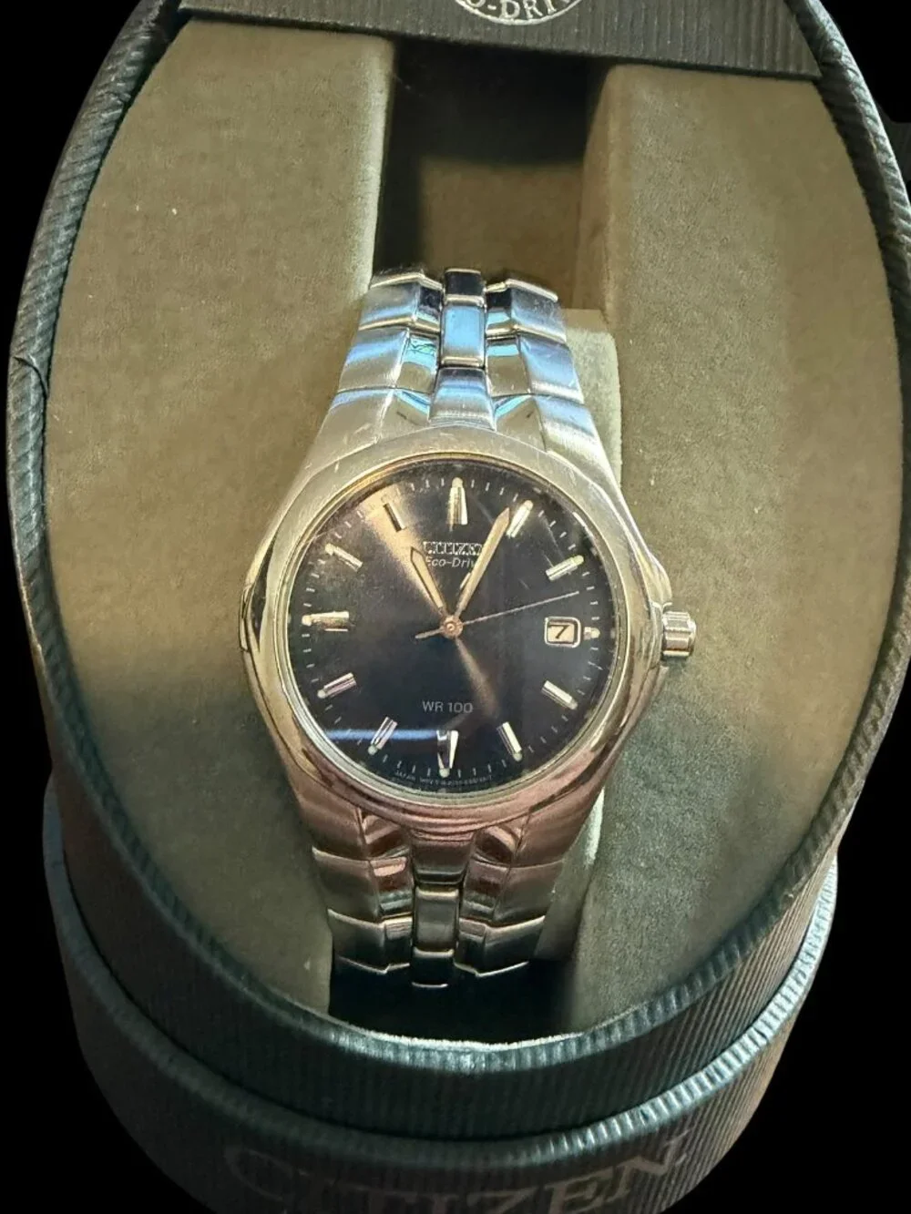 Citizen Eco-Drive Men's Stainless Steel Black Dial Date Wristwatch WR100